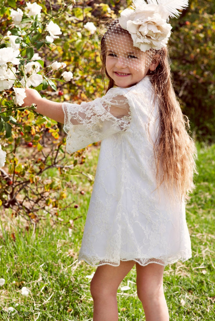 A-line Round Neck 3/4 Sleeves Lace Short Flower Girl Dresses, FG0150