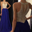 Floor-length Royal Blue A-line Round Neck Chiffon Beaded Long Prom Dress, PD0498