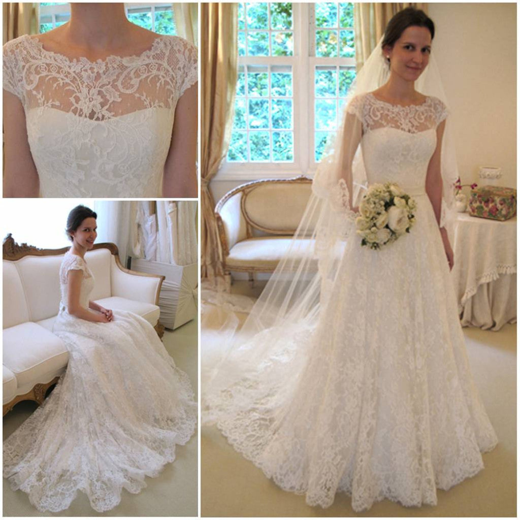 New Arrival Gorgeous Bateau Neck Cap Sleeve Lace Wedding Dresses with train, WD0346