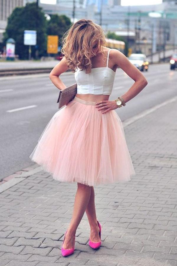 Two Pieces Cheap Spaghetti Straps Pink Tutu tulle Homecoming Dresses, HD0351