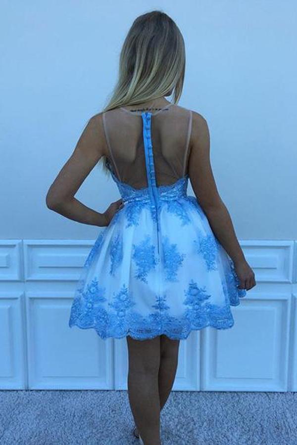 A-line Popular Blue Lace Appliques Short Tulle Homecoming Dresses, HD0352
