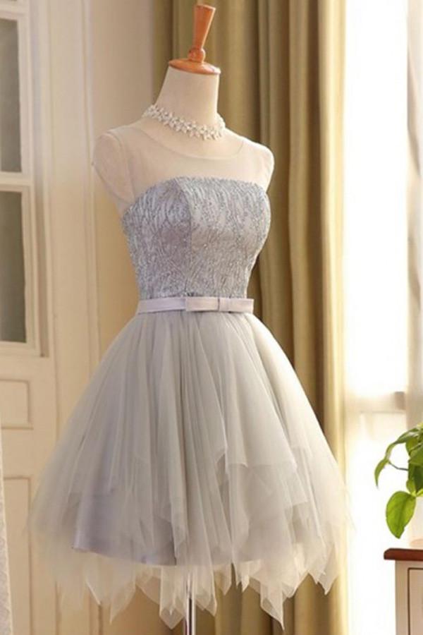 A-line Scoop Neck sleeveless Lace-up Back Short Tulle Homecoming Dresses, HD0360