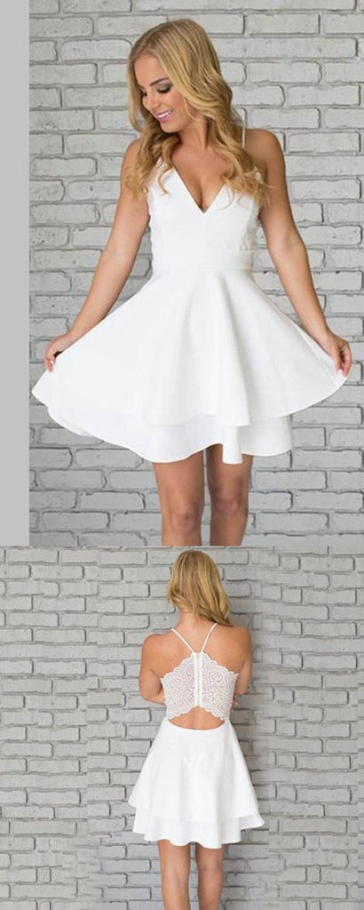 A Line White V-neck Spaghetti Straps Short Mini Homecoming Dresses, HD0358