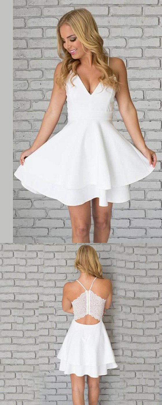 A Line White V-neck Spaghetti Straps Short Mini Homecoming Dresses