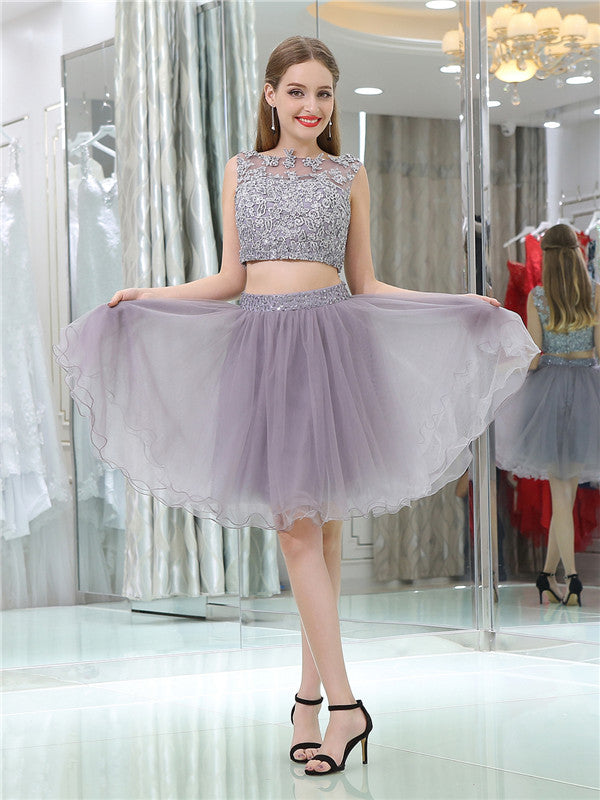 Two-pieces Lace Appliques Short Tulle Homecoming Dresses, HD0495