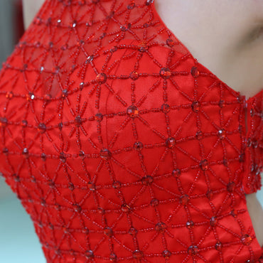 Halter High-Neck Red Organza Beading Top Homecoming Dresses, HD0497