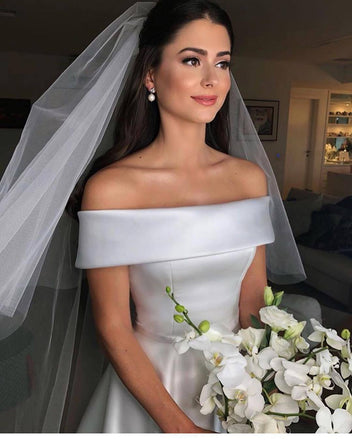 Simple Off-shoulder Ivory Long Stain Wedding Dresses, WD0445