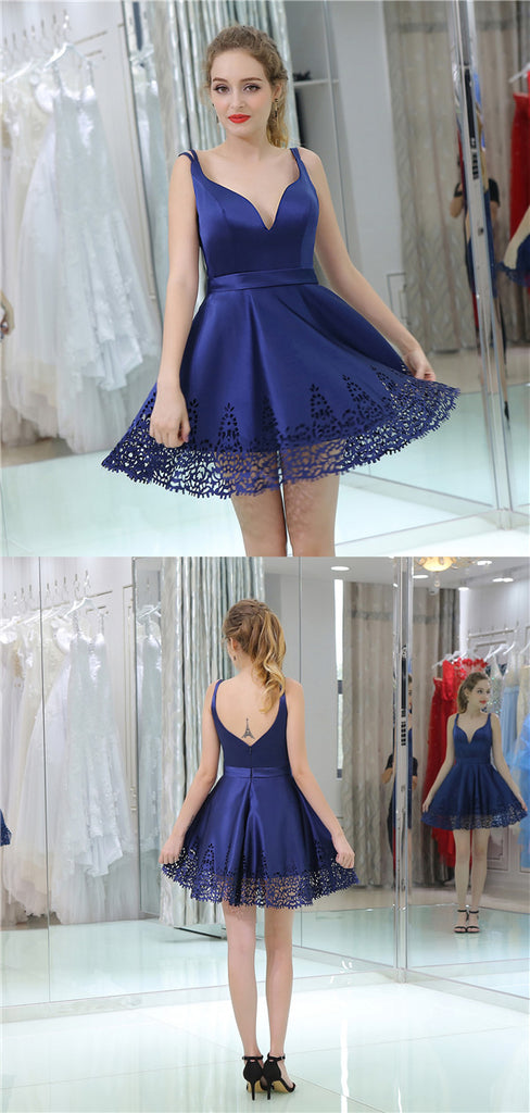 A-line V-neck Backless Lace Appliques Short Homecoming Dresses, HD0503