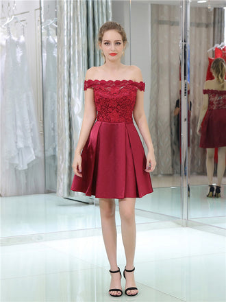 Off-shoulder Lace Top Short Burgundy Homecoming Dresses, HD0506