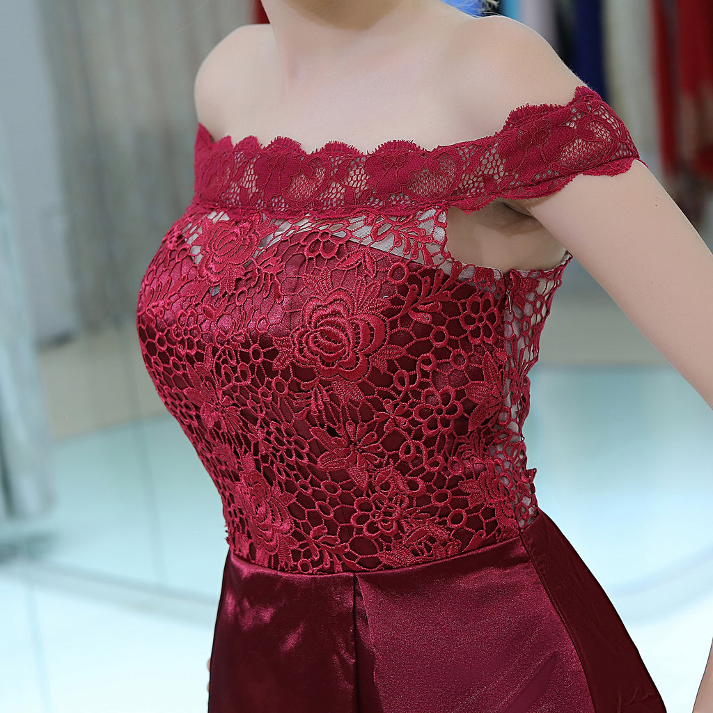 Off-shoulder Lace Top Short Burgundy Homecoming Dresses, HD0506