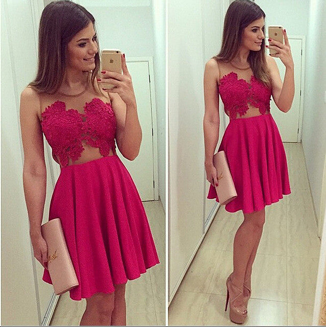 A-line Round Neckline Lace Appliques Rose Carmine Sweetheart Sleeveless  Knee-length Homecoming Dress,BD0101