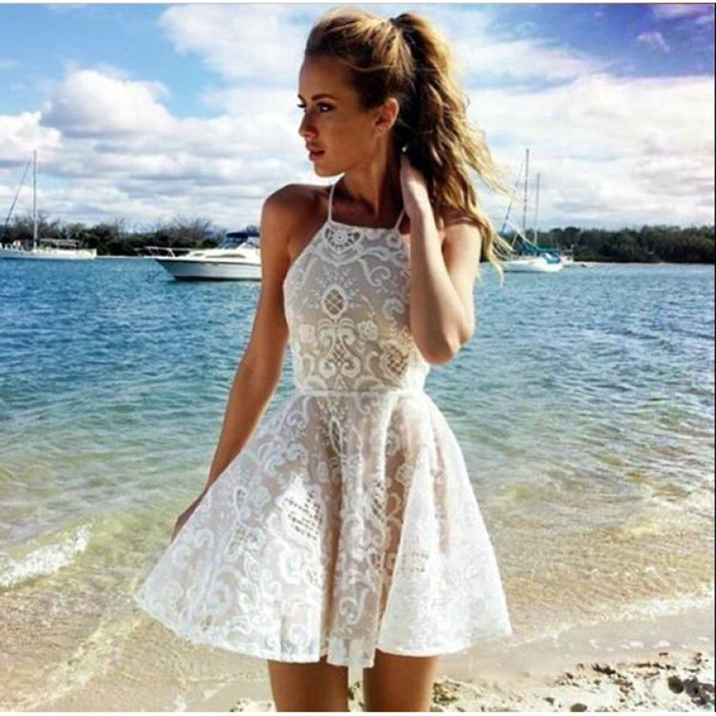 A-line Halter Lace Ivory Short Party Dress simple popular homecoming dresses, HD0335