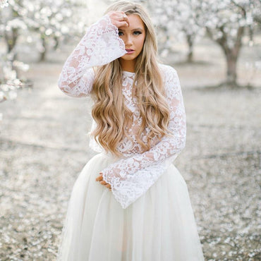 Two-pieces Lace Long Sleeves Short Tulle Homecoming Dresses, HD0511