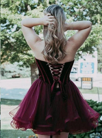 Sweetheart Burgundy Lace up back Strapless Homecoming Dresses, HD0513