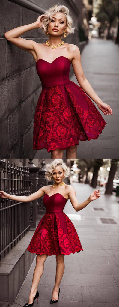 Sweetheart Strapless Lace Appliques Burgundy Homecoming Dresses, HD0509