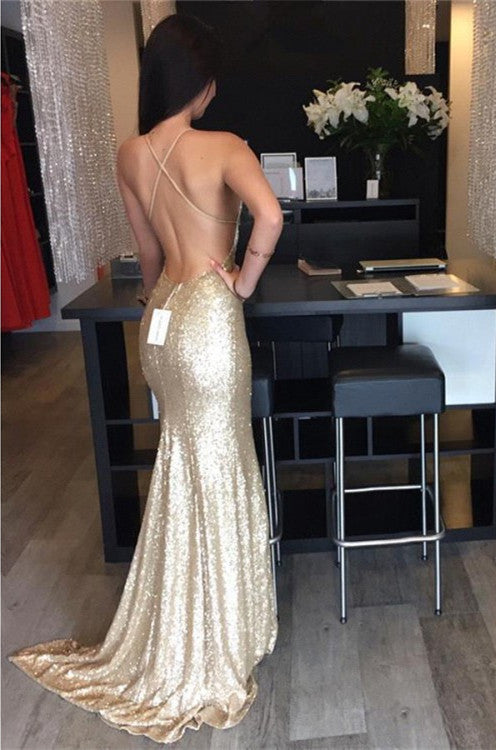 Hot selling Gold sequins Spaghetti Strap Sexy Deep V-neck Backless eve RomanBridal Hot selling Gold sequins Spaghetti Strap Sexy Deep V-neck Backless eve RomanBridal