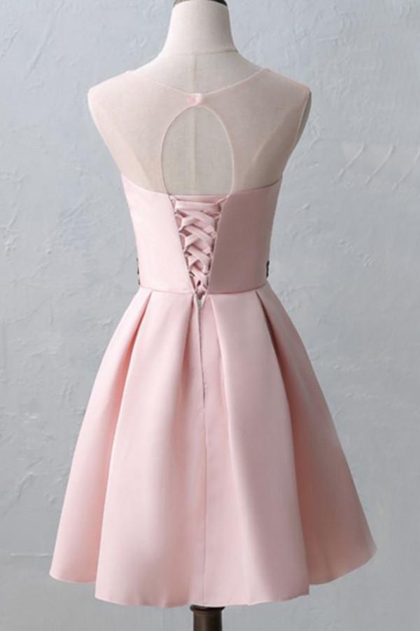 Round-Neck Pink Embroidery Cheap Open-back Sleeveless Homecoming Dresses, HD0368