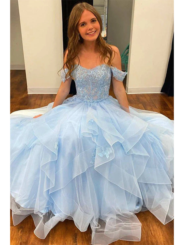 Light Blue Tulle Off-the-Shoulder Tiered A-Line Prom Evening Dress, OL675