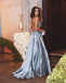 Luxurious A-line Straps Blue Formal Evening Dress,Sexy Backless Beaded Deep V Neckline prom dresses, PD0497