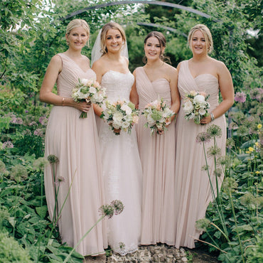 Floor-length One-shoulder sleeveless Chiffon Simple Bridesmaid Dresses with Pleats, BD0513