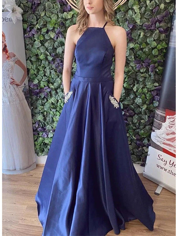 Navy Blue Satin Lace Up Back A-Line Prom Dress With Pockets, OL677 RomanBridal Navy Blue Satin Lace Up Back A-Line Prom Dress With Pockets, OL677 RomanBridal