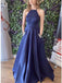 Navy Blue Satin Lace Up Back A-Line Prom Dress With Pockets, OL677