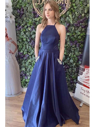 Navy Blue Satin Lace Up Back A-Line Prom Dress With Pockets, OL616