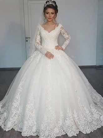 New Arrival V-neck Long Sleeves Ball Gown, Gorgeous Princess Wedding dresses, WD0418