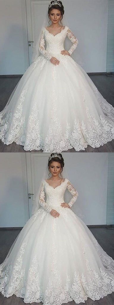 New Arrival V-neck Long Sleeves Ball Gown, Gorgeous Princess Wedding d ...