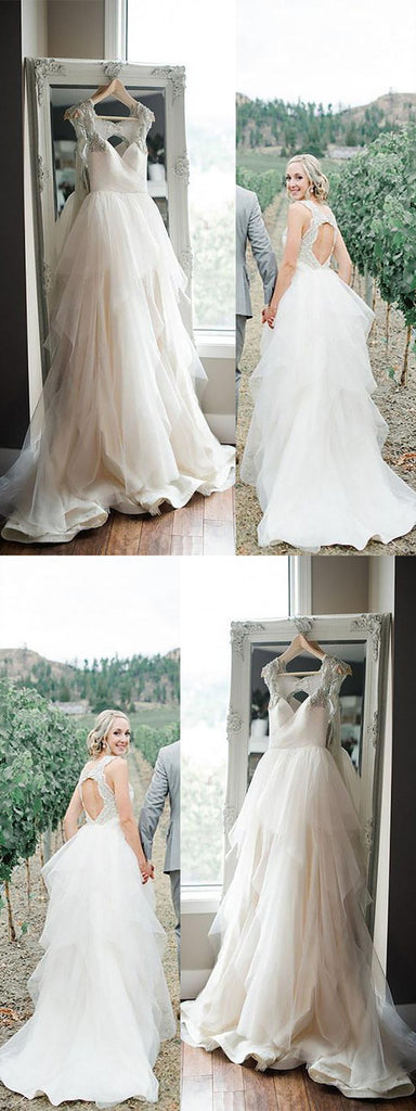 Newest Simple V-neck Tulle Open-back Wedding dresses With Train, WD0419