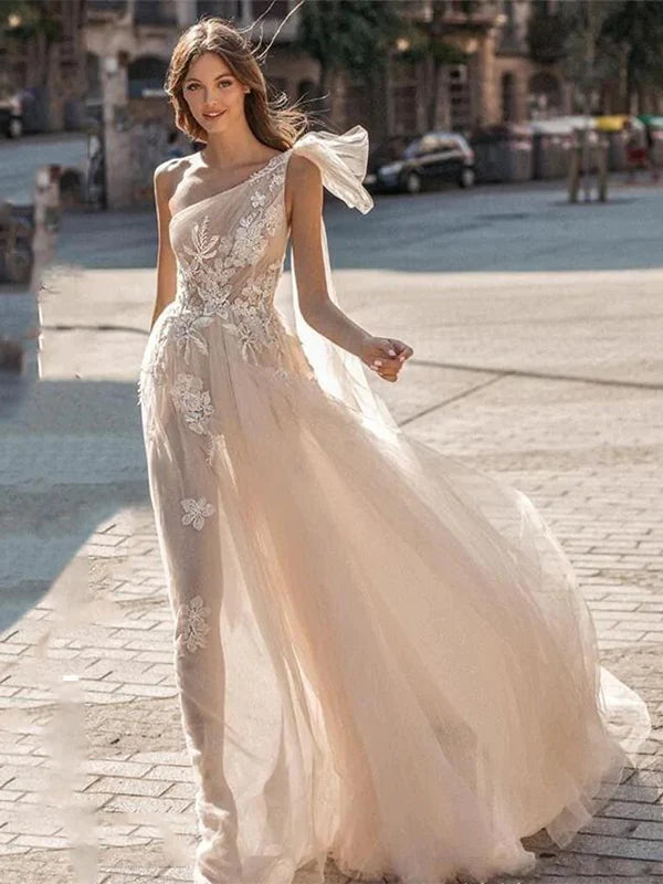 Elegant One Shoulder Tulle Long Prom Dresses, WGP214