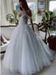 Off Shoulder A-line Applique Tulle Long Wedding Dress, WD0460