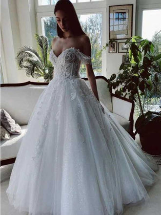Off The Shoulder Tulle White Appliques With Beading Wedding Dress, WD0500