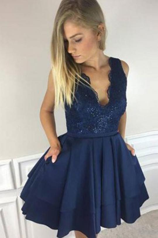 A-line V-neck Blue Lace Sleeveless Beading Party Dresses, Short Homecoming Dresses, HD0367