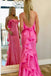 Pink Spaghetti Straps Satin Mermaid Prom Dress With Ruffles, OL623