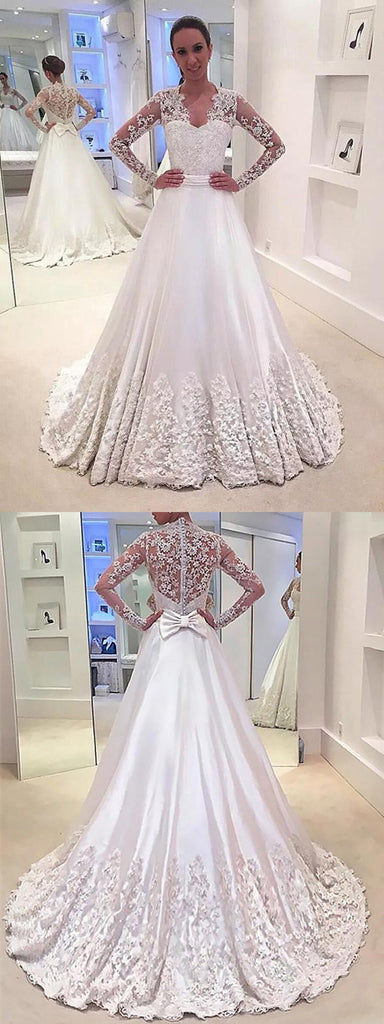 Popular A-line Lace Appliques Long Sleeves Wedding Dresses With Train, WD0420