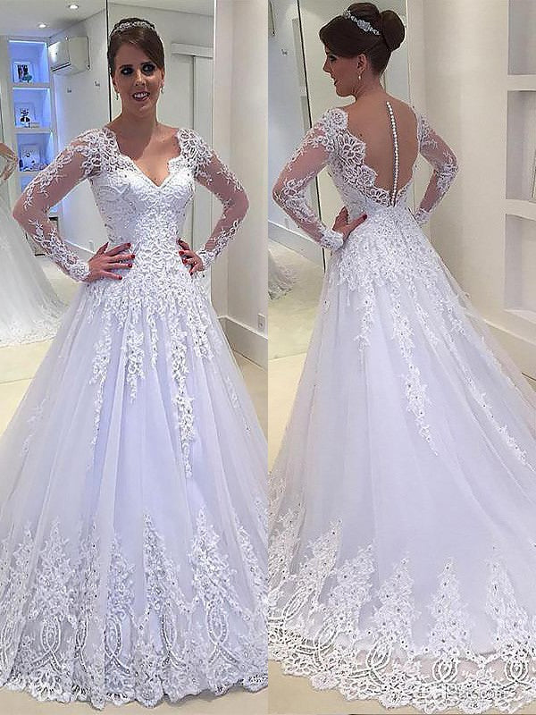 Popular Elegant V-neck Long Sleeves Lace Appliques Wedding Dresses, WD0421