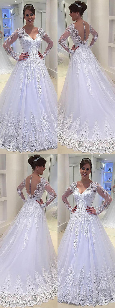 Popular Elegant V-neck Long Sleeves Lace Appliques Wedding Dresses, WD0421