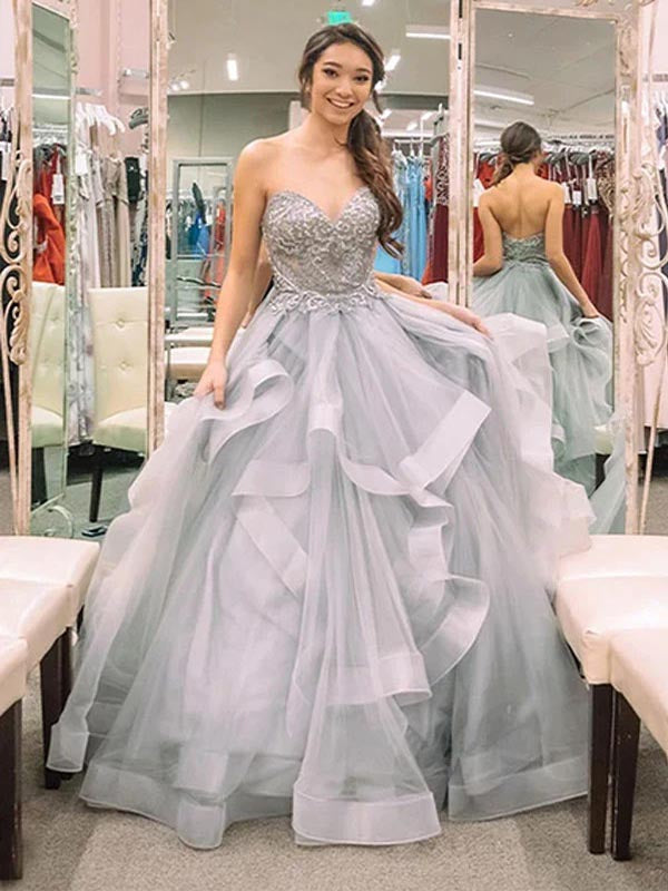 Princess Gray Sweetheart Neck Formal Evening Dresses Tulle Prom Dress, OL628