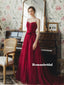 A-line Spaghetti Straps Strapless Long Burgundy Tulle Prom Dresses, PD0801