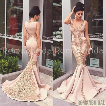 Sexy Mermaid Applique Evening Gown Sleeveless Zipper Sweep Trian Prom Dress, PD0476