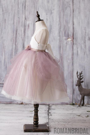 Newest Arrival Strap White Top Dusty Rose Tulle Cute Flower Girl Dresses, FG012