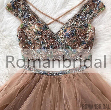 Amazing Two Pieces Beading Charming Ankle-length Lace up V-neck Cap Sleeve Prom Dress, PD0420