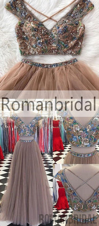 Amazing Two Pieces Beading Charming Ankle-length Lace up V-neck Cap Sleeve Prom Dress, PD0420