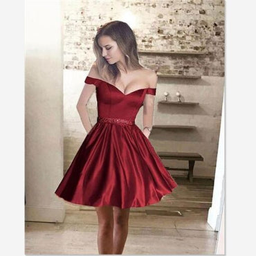 Off the shoulder Short lovely Dark Burgundy Homecoming Dress, HD0306