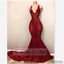 Mermaid Red Sequins Prom Dresses V-neck Sleeveless Long Train Sexy Evening Gown, Long Prom Dress, PD0452