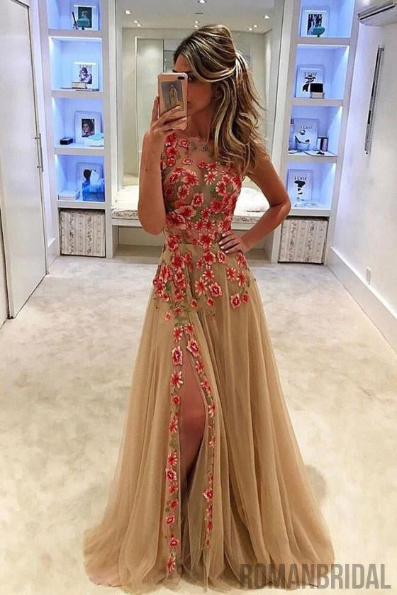 Unique champagne tulle applique long prom dress, evening dress Floor-Length prom dresses, PD0496