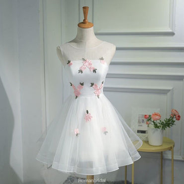 Elegant Round Neck Sleeveless Lace up back Embroidery Junior Homecoming Dresses, HD0391