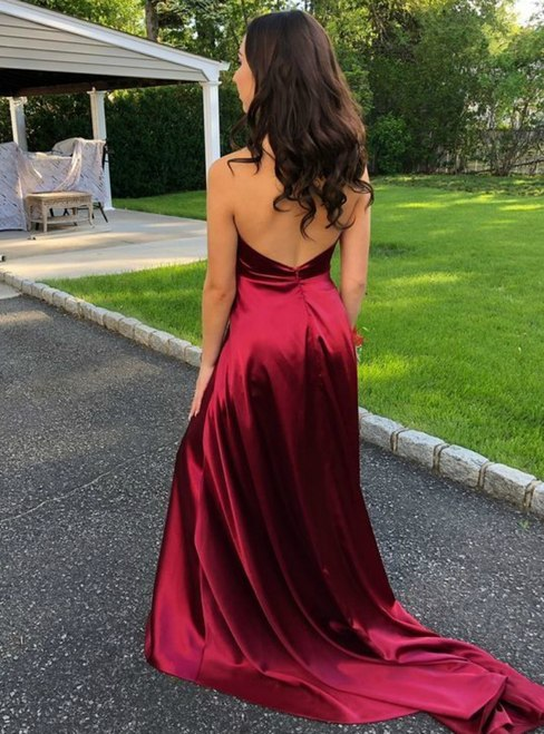 Newest Deep V-neck Burgundy Backless Prom Dress With Split, PD0717 RomanBridal Newest Deep V-neck Burgundy Backless Prom Dress With Split, PD0717 RomanBridal
