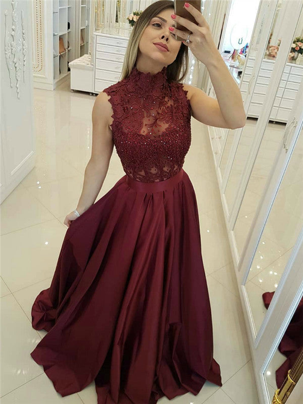 High Neck Lace Top Sleeveless Burgundy Beading Prom Dress, PD0718 RomanBridal High Neck Lace Top Sleeveless Burgundy Beading Prom Dress, PD0718 RomanBridal